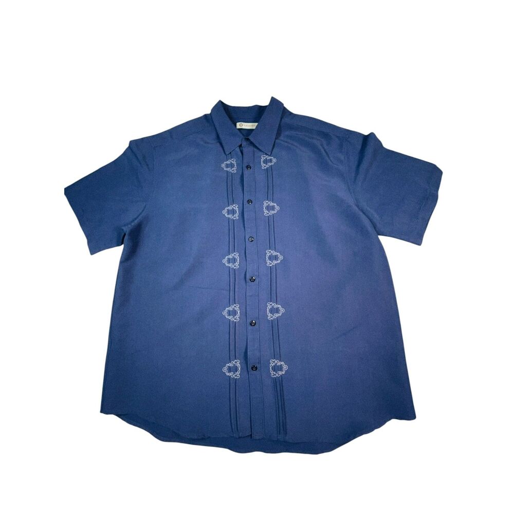 Havanera Mens XL Blue Guayabera Shirt Embroidered Short Sleeve Rayon Blend